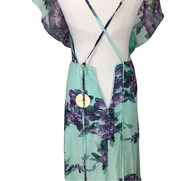 Luxxel Turquoise Lavender Fields Surplice Neckline Open Back Maxi Dress sz Small - Picture 14 of 16
